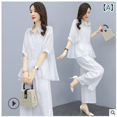 レディース セットアップ 夏 トップス ワイドパンツ 棉麻 再生繊維 接触冷感 薄手 長ズボン ポケット 切り替え 5分袖 通勤 普段使い 気質 かわいい ライトカラー ホワイト グレー