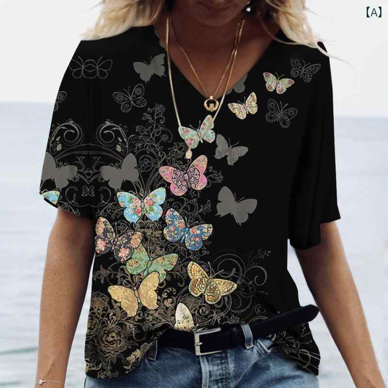 Rakuten - Tシャツ レディース 春夏 Vネック 短袖 直筒 ワイドシルエット 動物 蝶 3Dプリント 数码印花 ポリエステル 接触冷感 吸湿速乾 軽量 日韓カジュアル 普段使い トップス かわいい 快適 ゆったり ルームウェア デイリー