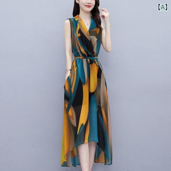 ワンピース ママ服 レディース 大きいサイズ 無袖 Vネック 収腰 Aライン 中長丈 過膝 夏 通勤 気質 切り替え インナーなし 伸縮性 涤綿風 ブルー 軽量 通年