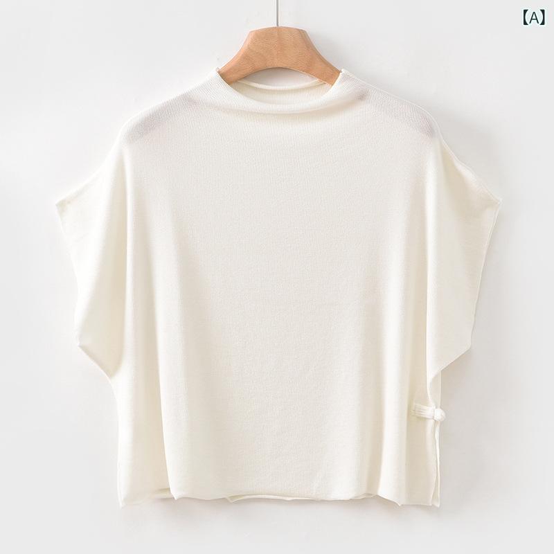 Tシャツ 女装 女性用 2025 夏 短袖 半高領 盤ボタン 復古 天丝 羊毛 蝙蝠袖 上衣 レイセル繊維 接触冷感 立体裁剪 蝙蝠型 普通丈 純色 日韓カジュアル 気質 アイボリー ベージュ ブラウン レッド グレー ブラック 軽量 伸縮性 吸湿速乾