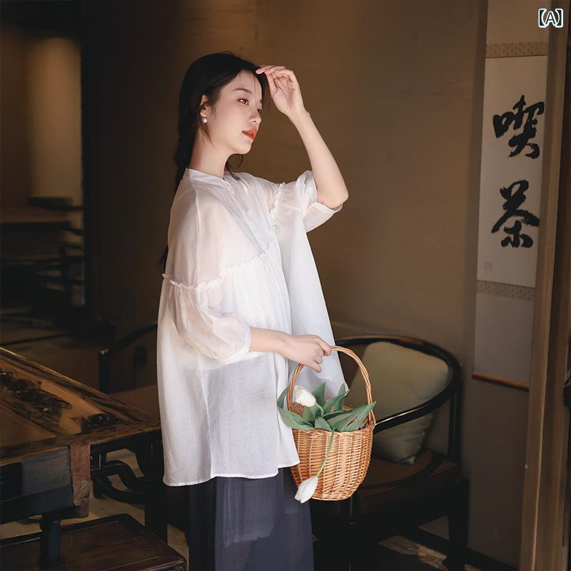 樂天商城 - Tシャツ 女性用 夏 木耳縁 立領 中袖 ルーズフィット 接触冷感 100支綿 薄手 立体裁剪 純色 気質 優雅 復古 トップス かわいい ブラウス 白 黒 ピンク 吸湿速乾 通勤 普段使い
