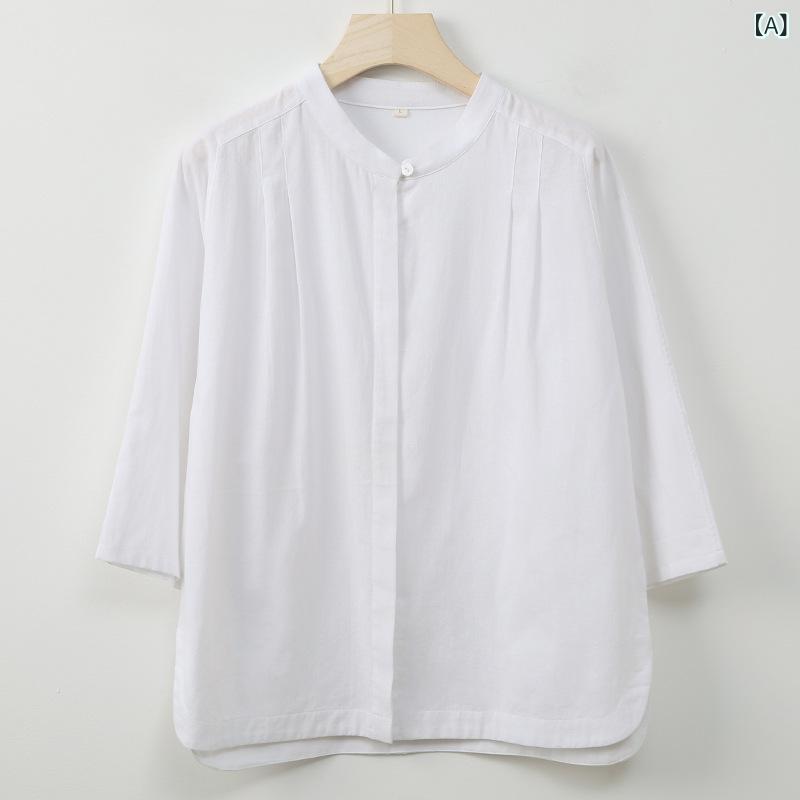 Rakuten - 女装 シャツ レディース 春夏 立領 七分袖 開衫 綿 砂洗麻風 純色 ホワイト グレー 復古 気質 百搭 切り替え トップス 上衣 普段使い 通勤 カジュアル 軽量 通気性 伸縮性 高級感