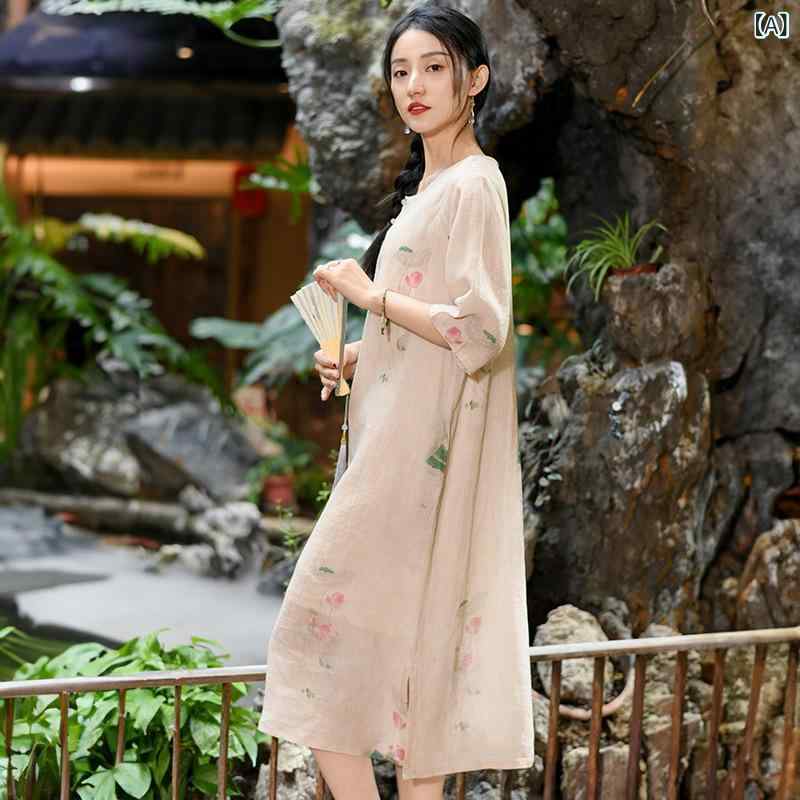 Other - チャイナドレス 女性用 春夏 苎麻 花柄 ワンピース Aライン ロング丈 丸首 5分袖 ゆったり腰回り 復古風 気質 ロータス柄 赤 緑 接触冷感 吸湿速乾 軽量 伸縮性