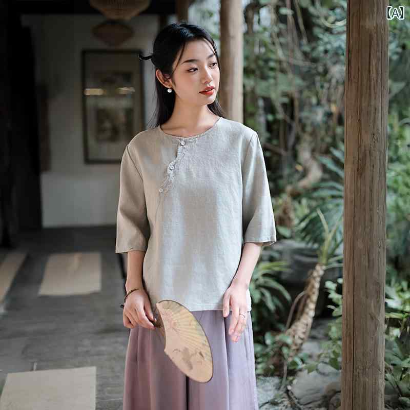 Rakuten - トップス レディース 春夏 麻 Tシャツ 半袖 中袖 丸首 刺繍 花柄 砂洗加工 ゆったり 復古 かわいい 雨露麻 新芽緑 接触冷感 吸湿速乾 軽量 花柄刺繍 優雅 気質 綿麻素材 通勤 普段使い