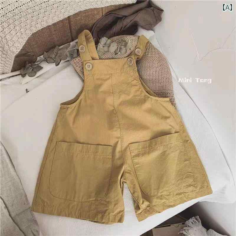 Overalls - キッズ 男女兼用 背带短パン 夏用 速乾 綿素材 中大童 黄色 咖色 灰色 かわいい 百搭 洋気 ファッション 軽量 通気性 普段使い カジュアル