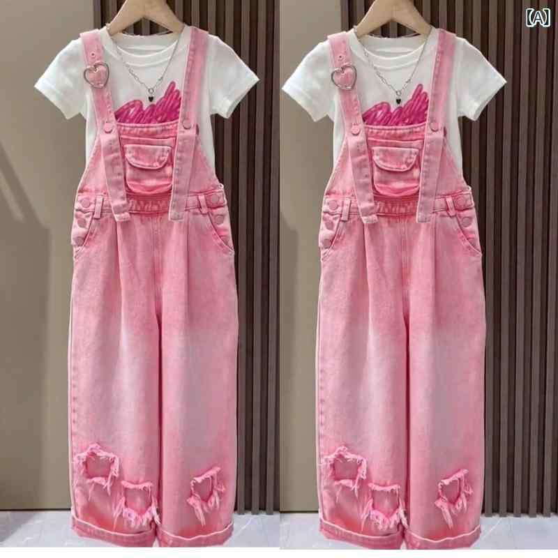 Overalls - 女の子 デニム 背広ズボン セット 春夏 中小学生 綿 柔らか素材 長ズボン 中腰 皮筋 腰帯 基本款 ユニセックス 子供服 かわいい 卡通 プリント 星柄 切り替え デザイン ピンク系 ブルー系 ブラック ホワイト 普段使い 伸縮性 軽量 快適 通学