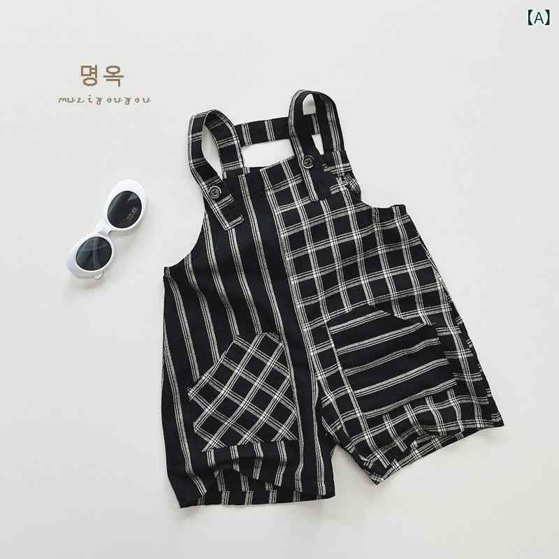 Overalls - キッズ 男女 背広パンツ メンズ レディース ユニセックス 綿 連体 トップス 格子柄 ブラック 夏 春夏 高腰 伸縮性 吸湿速乾 軽量 五分丈 中童 普段使い アウトドア かわいい 個性