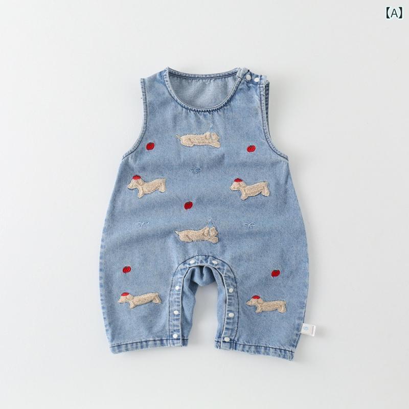 Overalls - ベビー 男女兼用 ソフト デニム 背広 長ズボン 綿素材 柔らかい 接触冷感 春秋夏 春夏 秋 爬行服 ユニセックス かわいい 卡通柄 高腰 ブルー 通年 普段使い 伸縮性 軽量 室内遊び ハイウエスト ビッグシルエット