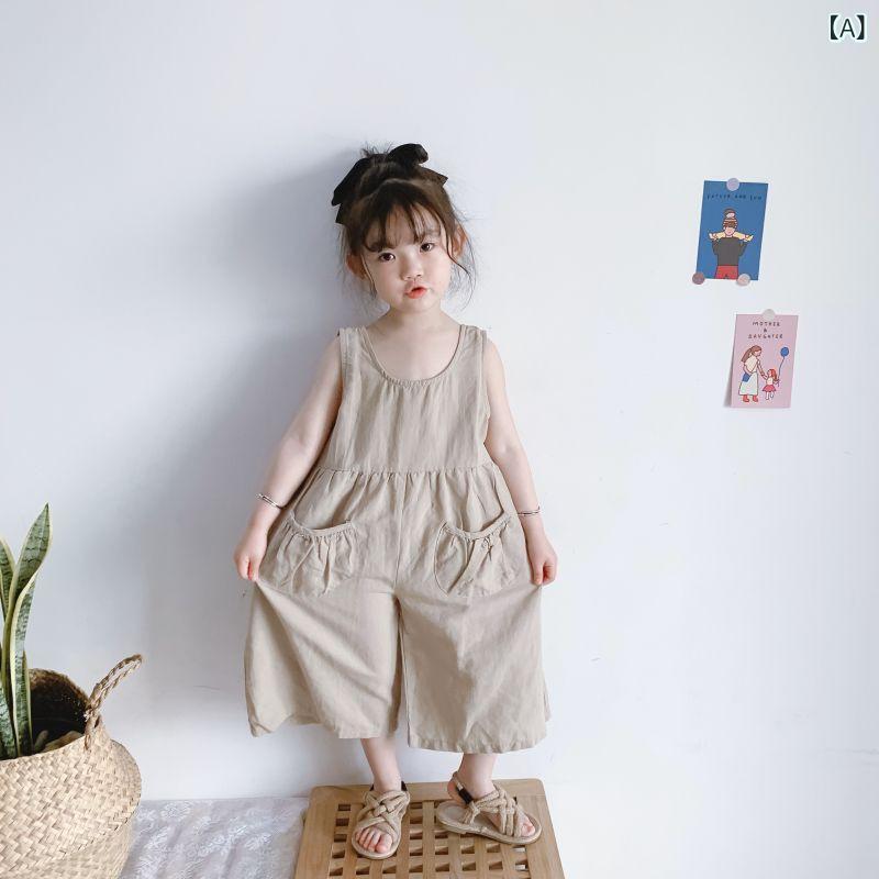 Overalls - 女の子 背広ズボン 連体ズボン 女児 夏服 綿 柔らか素材 純色 かき色 グレー 中腰 長ズボン かわいい スポーツ トレンド 森ガール スタイリッシュ ワイドレッグ 子供服 普段使い 通気性 伸縮性
