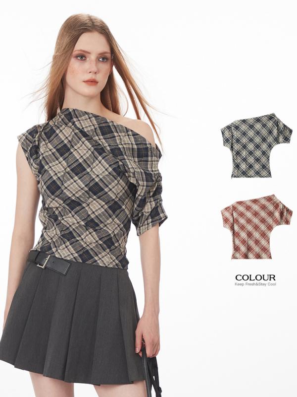 Tシャツ 女性用 短袖 斜め肩 修身 短丈 チェック柄 肩出し 不規則ヘム 切り替え 綿 通勤 普段使い かわいい 気質 夏 ブルー 赤 吸湿速乾 通気性 軽量 伸縮性 Vネック風 ビッグシルエット