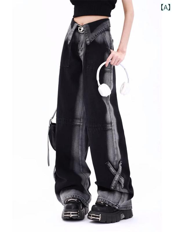 樂天商城 - ワイドパンツ レディース 黒 グレー グラデーション デニム ハイウエスト 直筒 ロング丈 夏 綿素材 微弾性 中厚 垂感 街頭風 潮人スタイル 軽量 免烫 切り替え 顯瘦 普段使い 通勤 カジュアル