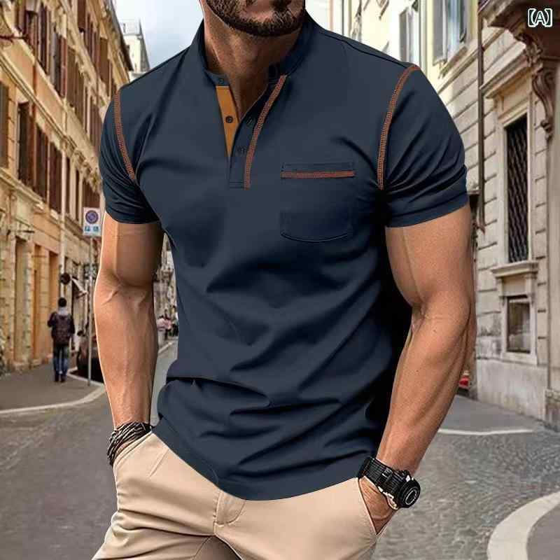 Casual Tops - メンズ POLOシャツ 亨利領 針織 修身 短袖 Tシャツ トップス 速干 透気 防皺 高弾性 吸湿排汗 薄手 ポケット 切り替え 無地 藏青 白 黒 カーキ 軍緑 ワインレッド グレー ライトブルー 麻グレー 春夏秋冬 通年 休闲 ファッション 都市
