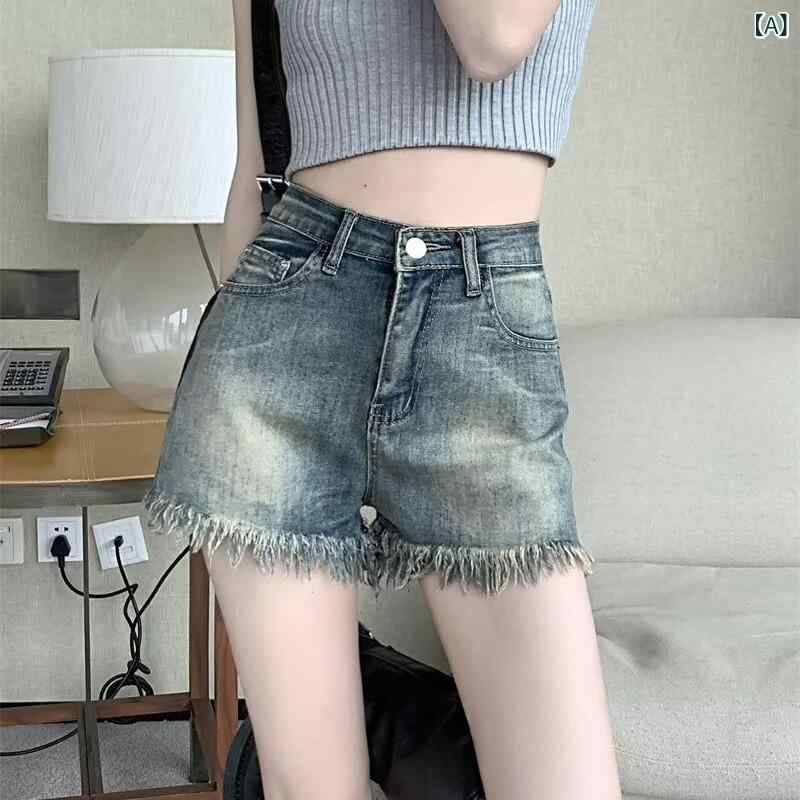 乐天商城 - デニム ショートパンツ レディース 夏 高腰 毛羽立ヘム Aライン ワイドレッグ 熱パン 通勤 普段使い 綿 混紡 薄手 すっきりシルエット 復古ブルー フレンジ ノンアイロン ガウチョ風