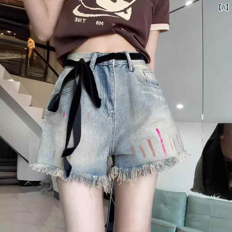 Other - レディース デニム ショートパンツ 春夏 ハイウエスト ワイドレッグ ストラップ 提臀 膝上丈 コットン ポリエステル 中厚手 ポケット ルーズフィット 通勤 気質 カジュアル 懷旧ブルー 切り替え 吊り染め加工