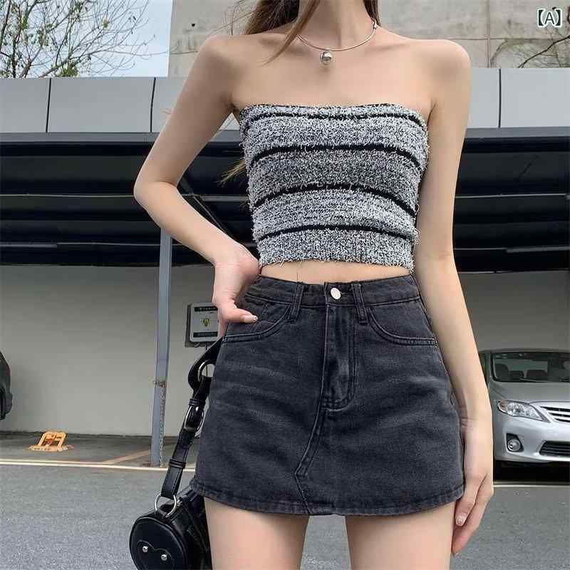 Other - スカート 女性用 夏 デニム 半身スカート 高腰 Aライン 直筒 短め 綿 ストレッチ 接触冷感 免燻 ボタン 黒 グレー ブルー 通勤 普段使い かわいい スリム 気質 都市 カジュアル