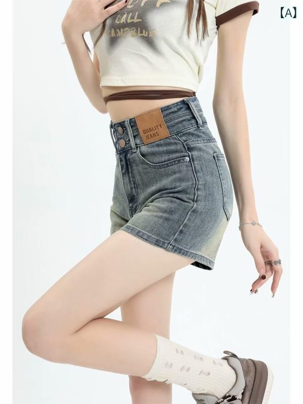 Other - デニムショーツ 女性用 夏 高腰 直筒 修身 スリム 復古 ストリートファッション 綿 ポリエステル ミディアム厚 微弾性 ポケット 免烫処理 ブルー 普段使い カジュアル