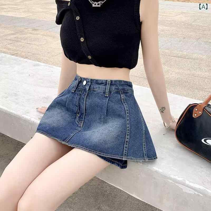Long Pants - デニム スカート 女性用 夏 ハイウエスト Aライン ミニスカート フレア ショートパンツ 薄手 綿 デニム生地 ブルー 軽量 伸縮性 吸湿速乾 清新 かわいい 普段使い 快適 カジュアル