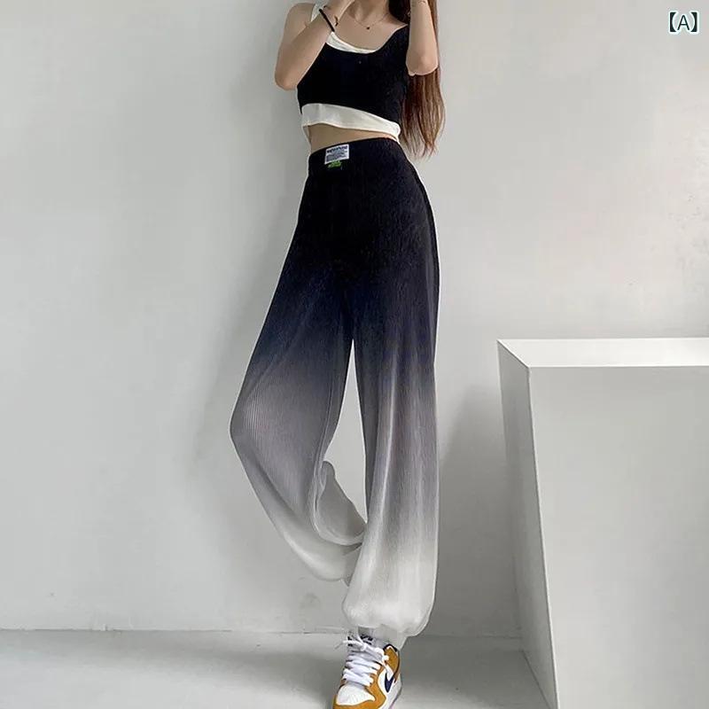 レディース ワイドパンツ 夏 薄手 接触冷感 粘膠繊維 高腰 プリーツ ストレート ロング丈 ルーズフィット グラデーションカラー ブラック ブルー 気質 通勤 普段使い 都市 カジュアル
