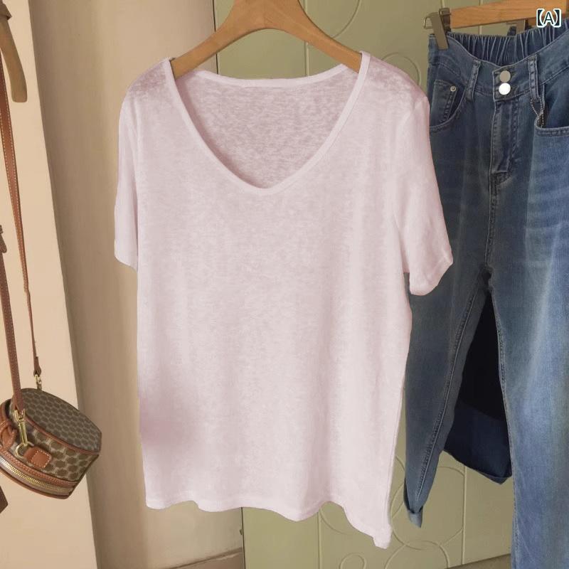 樂天商城 - Tシャツ レディース 春夏 Vネック 短袖 雪花綿 接触冷感 ピンク ホワイト ブラック ゆったり 隠れ肉 細見え 気質 通勤 普段使い 吸湿速乾 軽量 伸縮性 微透