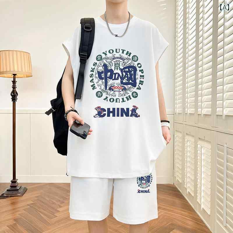 Collaboration - 男の子 夏季 運動 セットアップ ぽっちゃり ジュニア 12-15歳 無袖タンクトップ 短パン 涼しい 吸湿速乾 ポリエステル 白 米白 黒 薄手 軽量 ゆったり トップス ボトムス カジュアル レジャー アウトドア