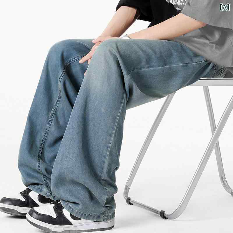 乐天商城 - 直筒パンツ メンズ ジュニア 薄手 デニムパンツ 綿素材 夏用 中腰 長ズボン 水洗加工 直筒シルエット 青少年 キッズ 男の子 ゆったり 普段使い カジュアル レジャー 復古ブルー ブラック イエロー系