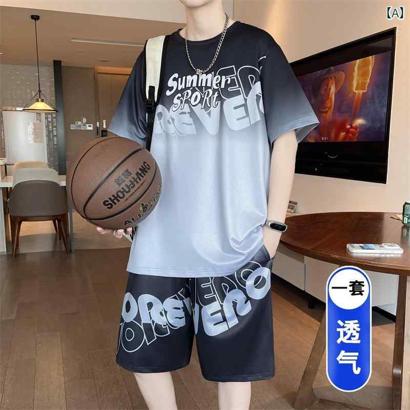 Other - Tシャツ メンズ ジュニア 短袖 トップス バスケットボール セット 接触冷感 ポリエステル 涼しい 薄手 ゆったり 丸首 運動 夏 グレー グリーン ブルー 透気性 吸湿速乾 プリント 幾何学柄 スポーツウェア ストリートファッション ジュニアスポーツ