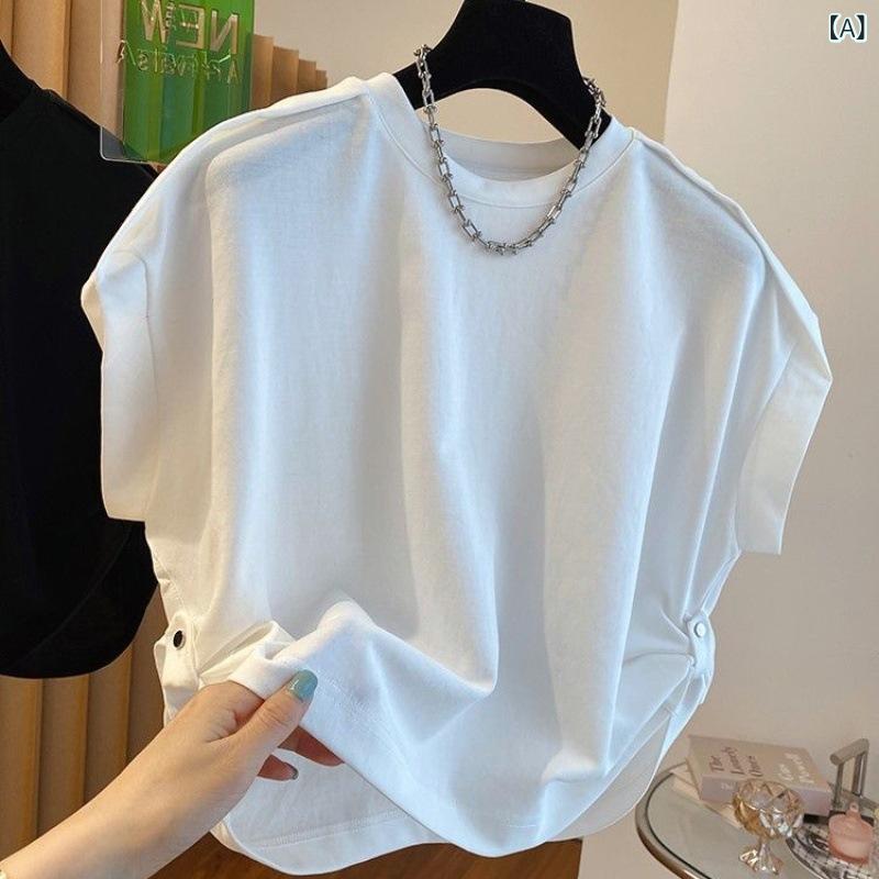 Rakuten - Tシャツ レディース 韓国風 丸首 短袖 落肩袖 ぷく袖 ゆったり 切り替え 3D柄 接触冷感 ポリエステル 腈纶 白色 グレー 春 春夏 日韓カジュアル 普段使い 通勤 部屋着 軽量 吸湿速乾 伸縮性 ビッグシルエット ハイネック風