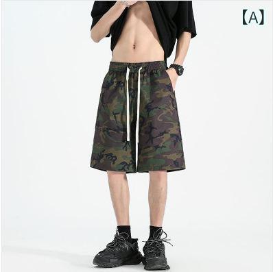Pants - メンズ ショートパンツ 春夏 抽绳 印花 ワイドレッグ ゆったり ビッグサイズ 沙滩 ビーチ 直筒 涼しい ポリエステル 混紡 無弾性 通勤 普段使い 日常 カジュアル ファッション