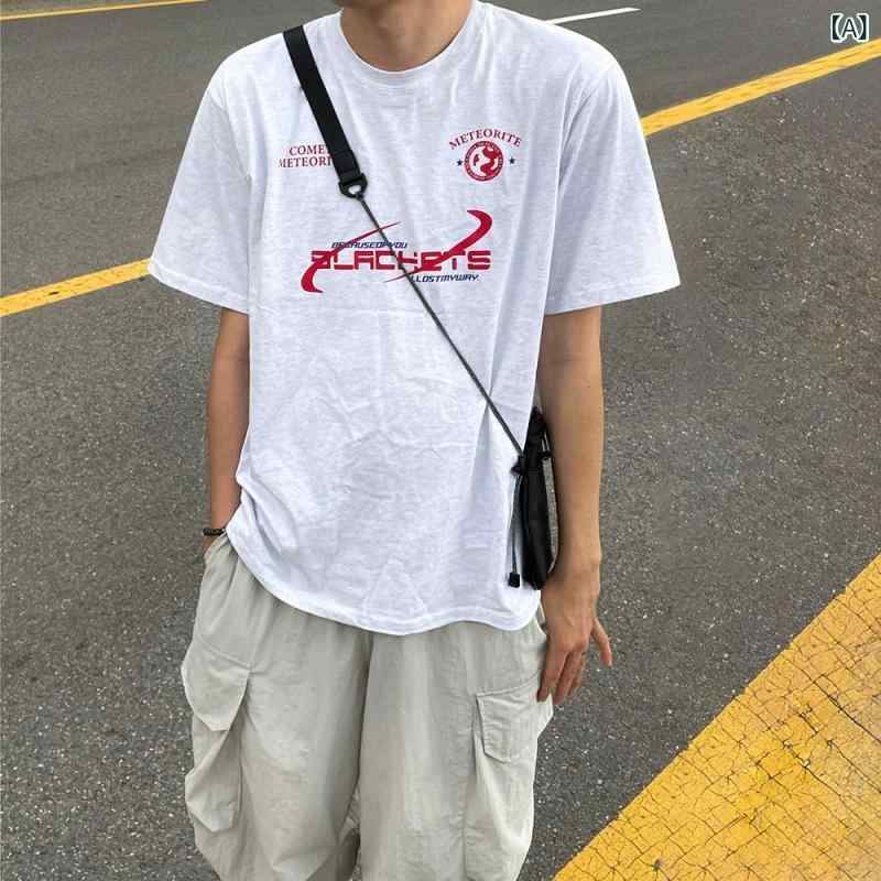Rakuten - Tシャツ メンズ レディース 半袖 春夏 接触冷感 綿100% 短袖 丸首 ゆったり 落肩袖 字母プリント 白色 ブラック 韓国風 トレンド 復古 ルーズフィット 日常使い カジュアル トップス