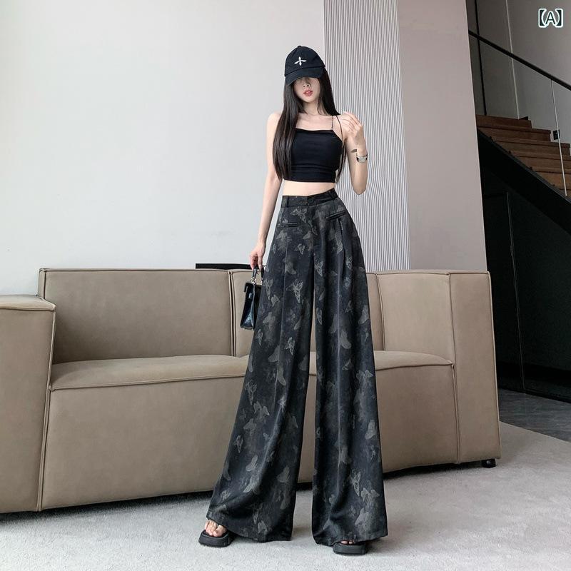 レディース 春夏 ワイドパンツ 黒 ハイウエスト 蝴蝶結 垂れ感 ポリエステル 薄手 微弾性 通勤 普段使い 気質 ゆったり ロング丈 シルエット 美脚 涼しい 軽量 都市スタイル