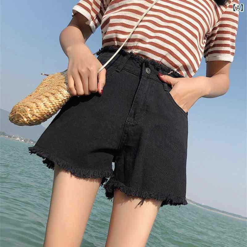 T-Shirts - デニム ショートパンツ レディース 夏 高腰 显瘦 学生 通勤 普段使い 外穿 ワイド 破れ ホットパンツ ブラック デニム素材 軽量 伸縮性 吸湿速乾 都市 カジュアル