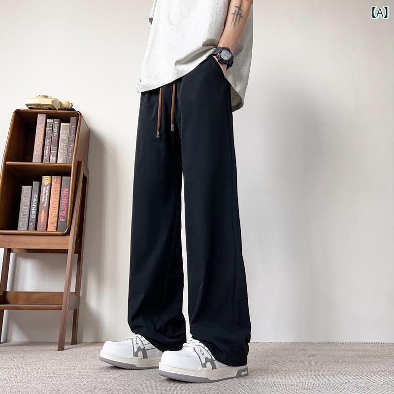 乐天商城 - メンズ 休闲パンツ 直筒 抽绳 中腰 薄手 夏 接触冷感 ポリエステル 無弾性 免烫 純色 ブラック グレー 杏色 長ズボン ゆったり スポーツ 普段使い 口袋 カジュアル 直筒パンツ