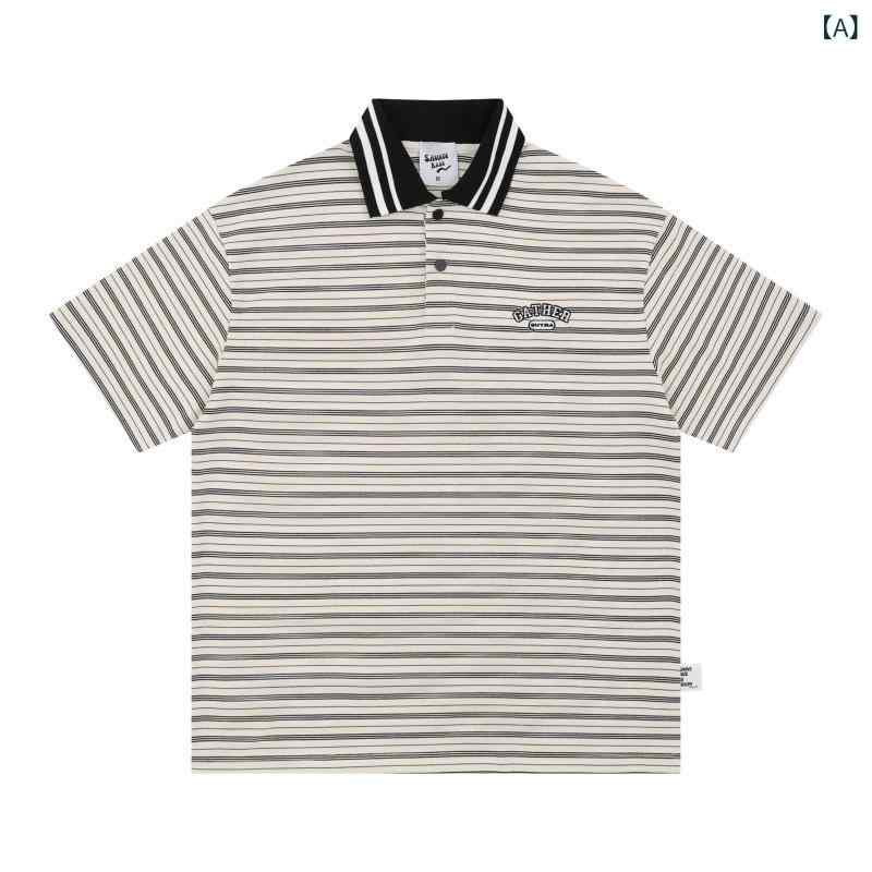 乐天商城 - Tシャツ メンズ 短袖 夏 春夏 男性用 トップス 純棉 透気性 綿素材 ストリート ストリートファッション 美式レトロ 復古 ストリートスタイル インナー インポート風 セットアップ 杏色 宝藍 ストライプ コントラストカラー 翻領 プリント 花柄 花