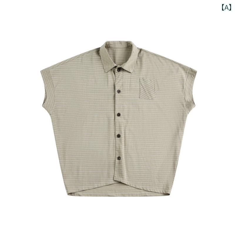樂天商城 - メンズ Tシャツ 無袖 開衫 美式レトロ 格紋 綿混紡 透気性 ゆったりシルエット 夏用 休闲 ベージュ系 モカカラー 印花 トップス タンクトップ