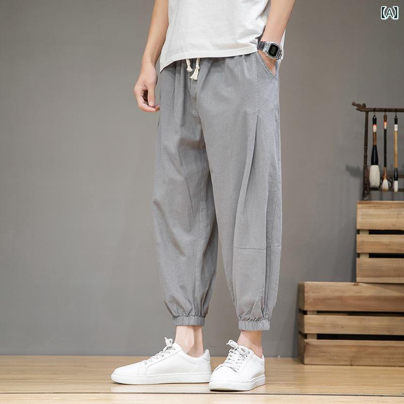 Other - メンズ 夏用 リネンパンツ 薄手 束脚 七分丈 綿麻 灯笼パンツ ハーレムパンツ ロブパンツ ワイドレッグ ゆったり 中腰 系紐 吸湿速乾 グレー ブラック レッド ネイビー ホワイト 日常 青少年 大きいサイズ カジュアル