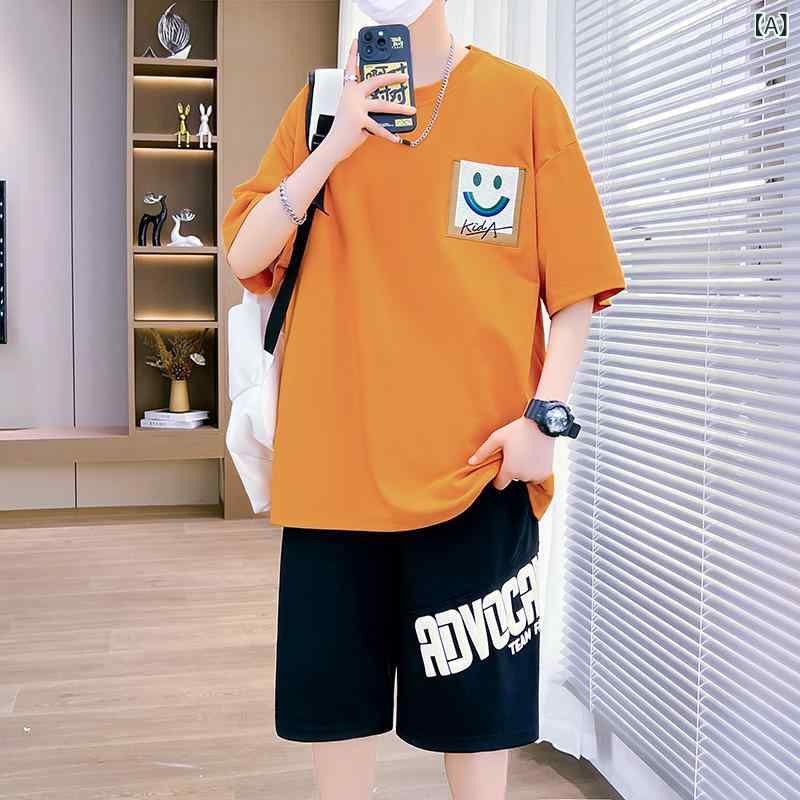 キッズ 男の子 短袖 Tシャツ トップス 短パン セット 夏季 運動 薄手 綿混紡 吸湿速乾 軽量 伸縮性 オレンジ ホワイト ブラック ブラウン ブルー パープル レッド 米白 カジュアル