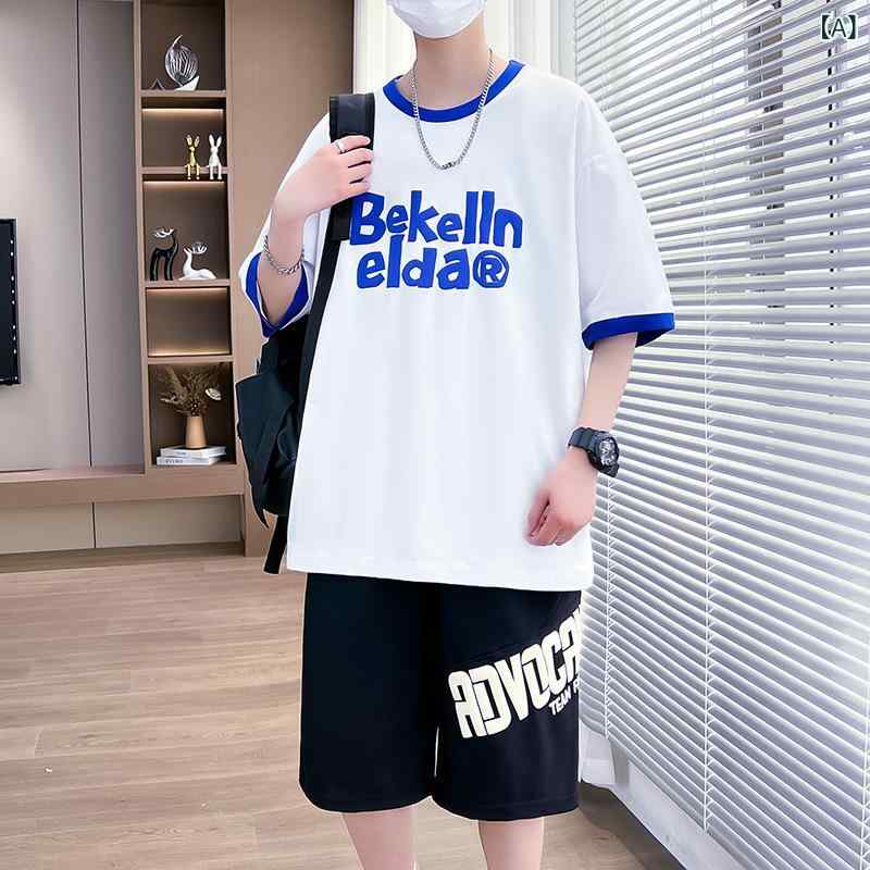 American Casual - 男の子 ジュニア 短袖 Tシャツ セット 夏 薄手 綿混紡 スポーツ 日常 短パン 組み合わせ 白色 紫色 白緑 黒 緑 橙色 カラー展開 12-15歳 青少年 大きめサイズ 爽やか 動きやすい 通学 遊び着