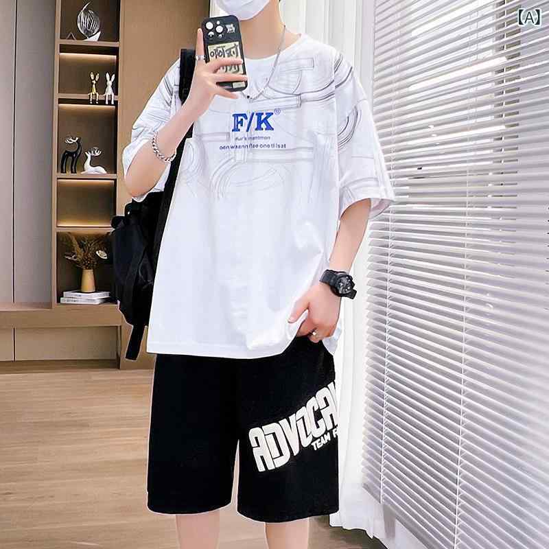 ジュニア 男の子 運動セット 短袖 Tシャツ 短パン 夏 薄手 綿混紡 ゆったり かっこいい 白色 黒 茶色 オレンジ 青 紫 米白 赤 運動 学生 初高中 カジュアル