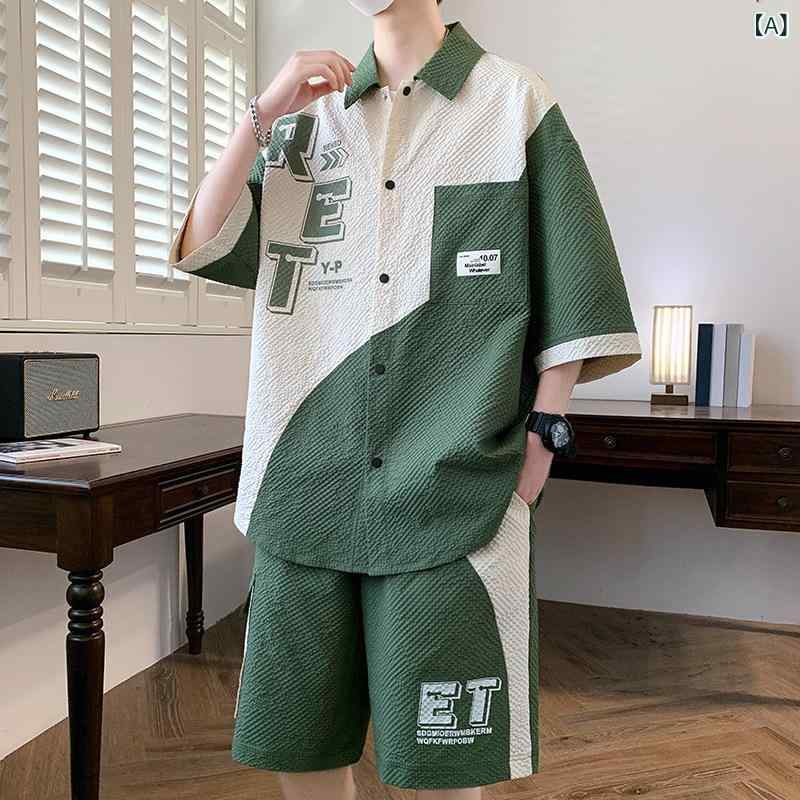メンズ 短袖 Tシャツ 短パン セット 夏季 スポーツ 薄手 切り替え デザイン 化繊混紡 ポリエステル100 緑 黒 ベージュ ホワイト カジュアル 青少年 普段使い 軽量 吸湿速乾 通気性