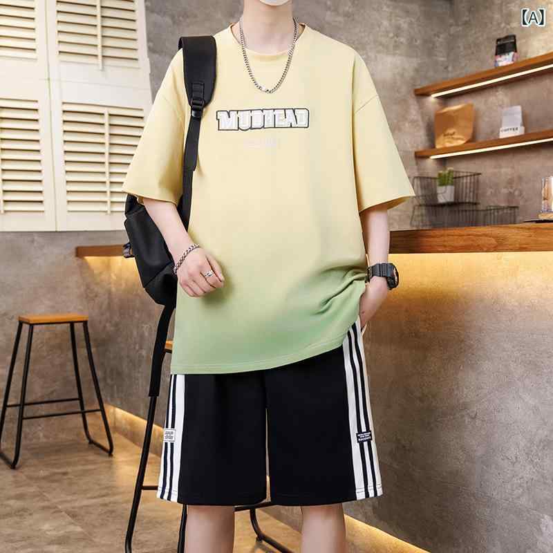 メンズ 運動 セット 短袖 Tシャツ ショーツ 夏 薄手 綿混紡 日常 薄型 軽量 吸湿速乾 黄色 ピンク 白色 カーキ ライトブルー パープル ブラック グリーン オレンジ ティーンズ ジュニア 高校生 普段使い ストリート カジュアル