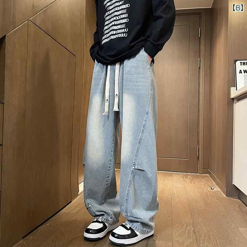 narukiの男の子 ジュニア 夏季 薄手 デニムパンツ 破れ加工 ワイドレッグ ストレート ロングパンツ 綿素材 中腰 ジップフライ 水洗加工 直筒裾 日常使い 学校用 韓国風 カジュアル ライトウェイト ブルー ブラック ダークブルー｜アングル2