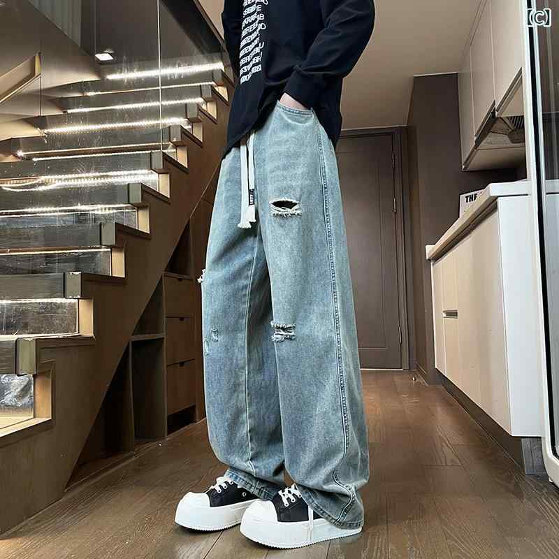 narukiの男の子 ジュニア 夏季 薄手 デニムパンツ 破れ加工 ワイドレッグ ストレート ロングパンツ 綿素材 中腰 ジップフライ 水洗加工 直筒裾 日常使い 学校用 韓国風 カジュアル ライトウェイト ブルー ブラック ダークブルー｜アングル3