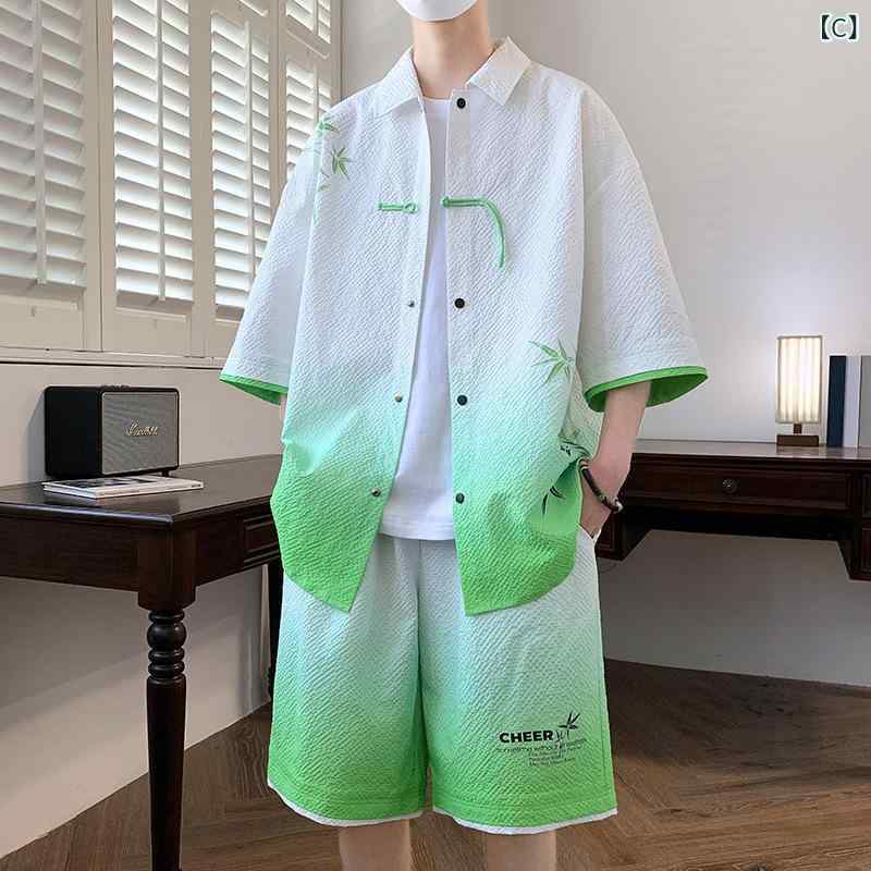 narukiのメンズ 夏 セットアップ 短袖Tシャツ 短パン グラデーション 痞帅 グラデ柄 運動休闲 薄手 化繊混紡 ポリエステル100 グレー カーキ グリーン ベージュ ブラック ミックスカラー スポーツ 普段使い 通気性 軽量 涼しい ストリートファッション｜アングル3