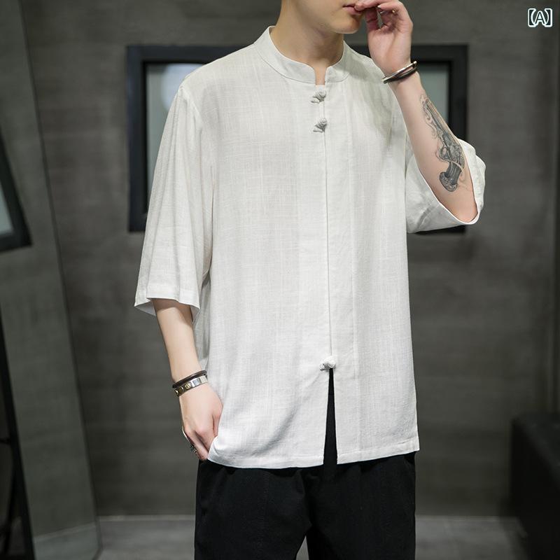 乐天商城 - メンズ シャツ 半袖 中国風 立領 麻混紡 綿麻 薄手 ゆったり 春夏 夏用 通勤 普段使い 吸湿速乾 軽量 白色 ブラック ブルー 大きいサイズ