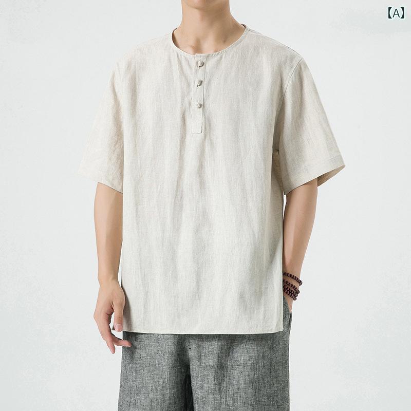 乐天商城 - Tシャツ メンズ 短袖 中国風 復古 麻 100% 綿麻 盤ボタン ルーズフィット 丸首 夏 薄手 通勤 普段使い 日常 カジュアル ライトウェイト 吸湿速乾 麻本色 ホワイト ネイビー ブラック ダークグレー ブラウン