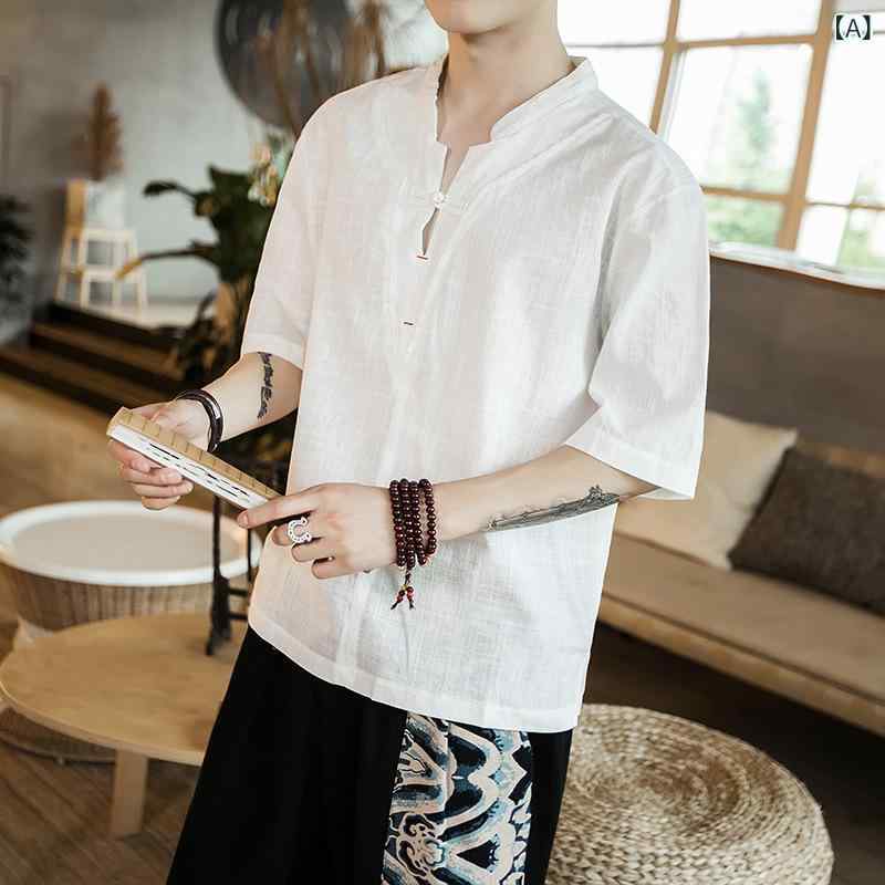乐天商城 - Tシャツ メンズ 夏用 薄手 接触冷感 短袖 男性用 ゆったり 大きいサイズ 綿麻 半袖 上衣 トップス 無領 ボタン 立体裁剪 中国風 プリント 白色 ブラック 吸湿速乾 軽量 普段使い