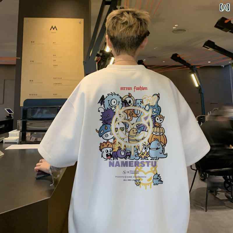Rakuten - Tシャツ メンズ 夏用 短袖 無領 ルーズフィット 日式レトロ 鹿皮绒風 接触冷感 ポリエステル 動物プリント 動物柄 かわいい ユニセックス カジュアル 吸湿速乾 軽量 白色 ブラック ワインレッド カーキ ダークグリーン グレー ベージュ ピンク系