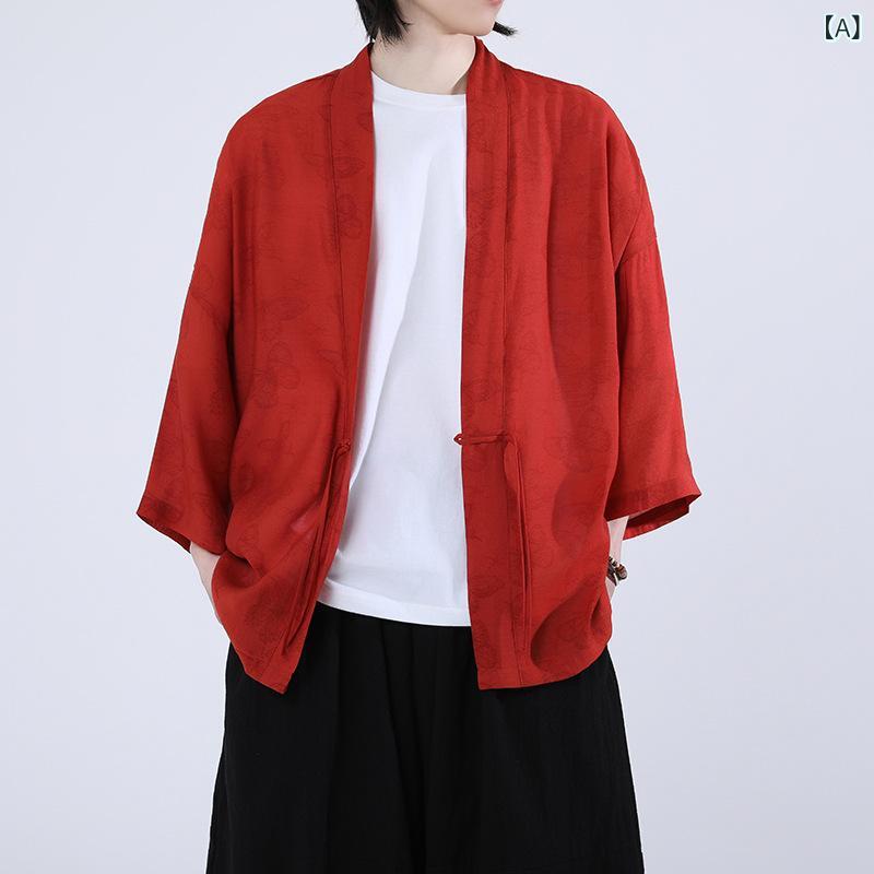 Rakuten - 漢服 メンズ 開衫 外套 春夏 薄手 復古 提花 ゆったり 上衣 中式 唐装 ショール 道袍 赤 ブラウン ポリエステル 吸湿速乾 免烫 日常使い カジュアル