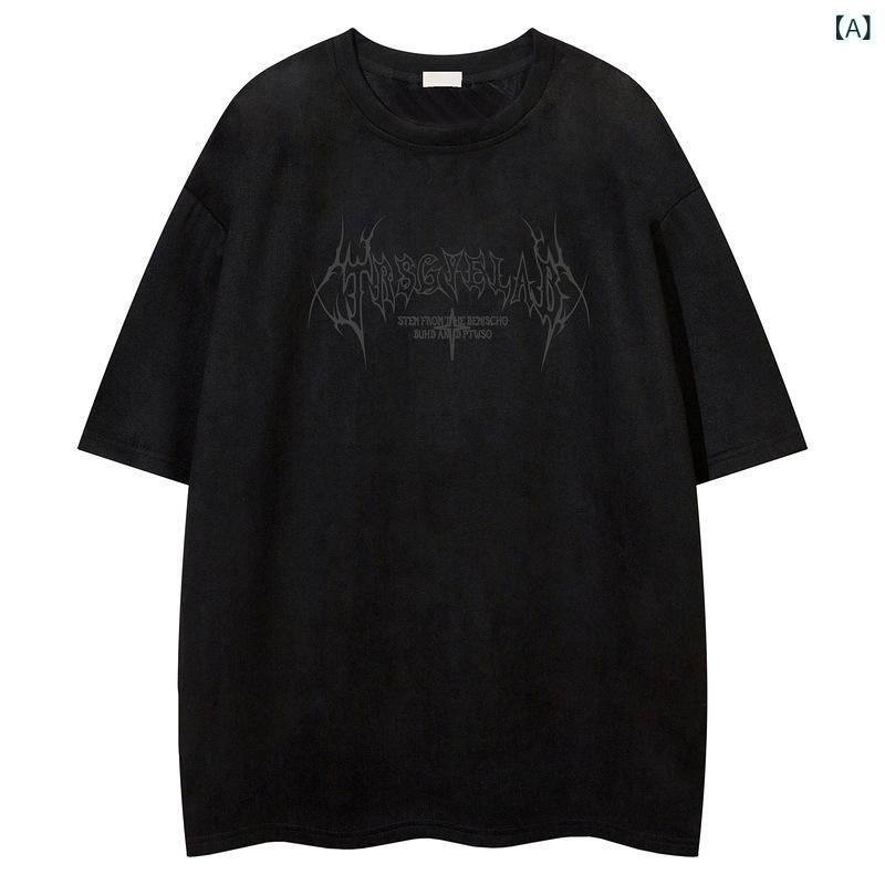 Tシャツ メンズ 半袖 丸首 ルーズフィット ヴィンテージ 街着 鹿皮調 ポリエステル 落肩袖 印刷 ブラック 卡其 ブラウン グレー 夏 接触冷感 免烫 色牢度 高