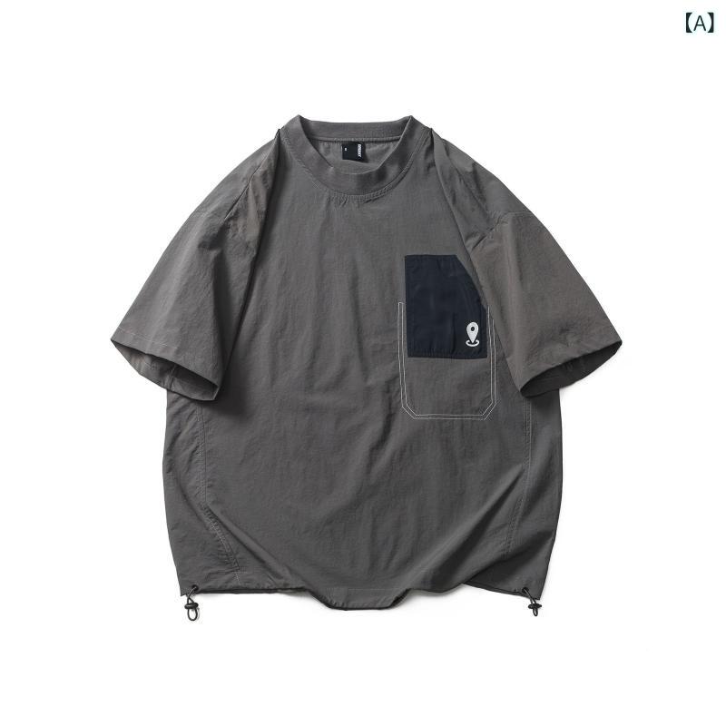 乐天商城 - Tシャツ メンズ 短袖 ルーズフィット 灰色 速乾 吸湿排汗 ニットナイロン混紡 トレンド シティボーイ 丸首 裾ドローストリング 切り替えデザイン アウトドア 通勤 普段使い カジュアル 春夏